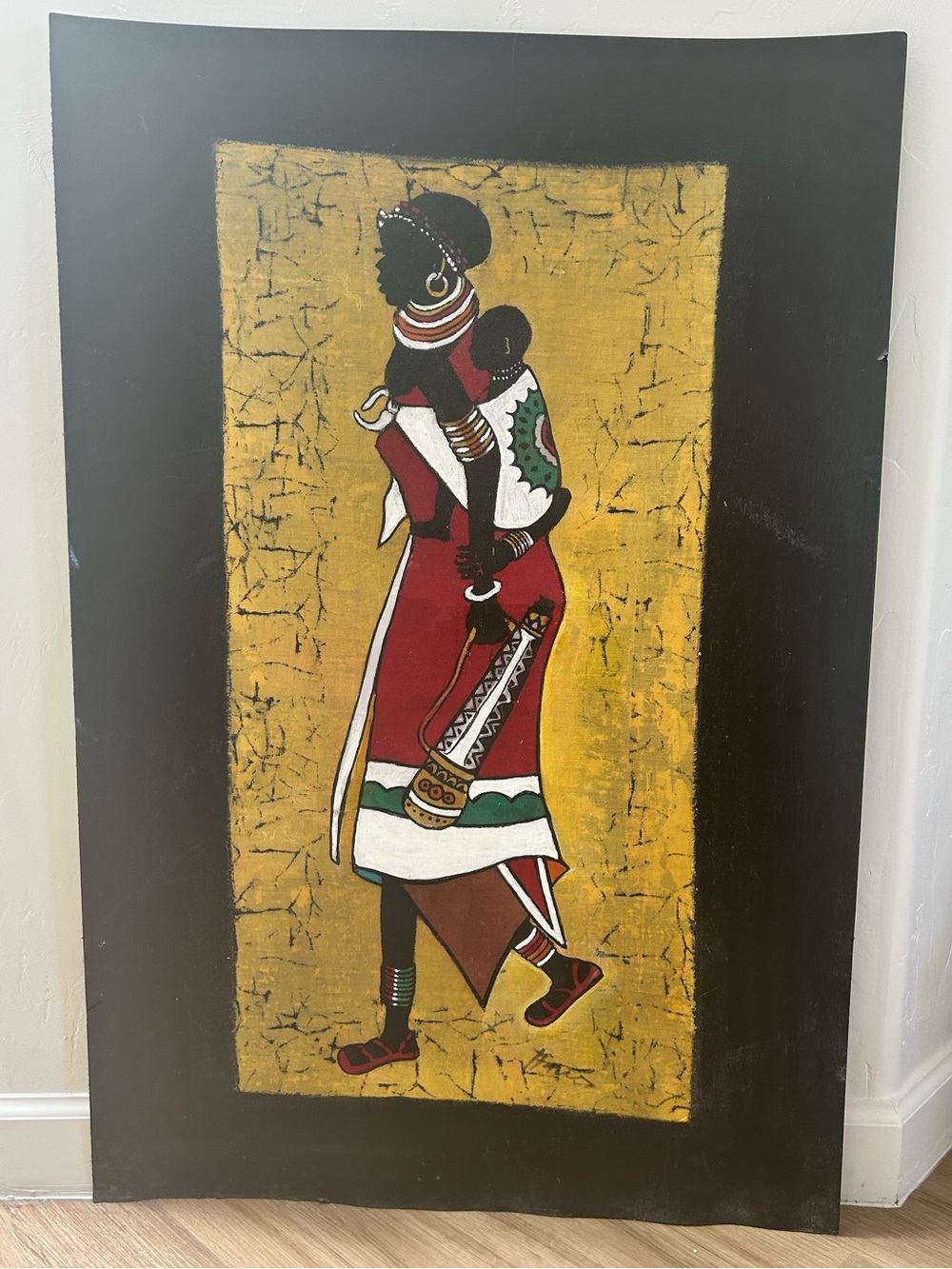 Large Vintage African Batik Fabric Art Mother & Child Mounted